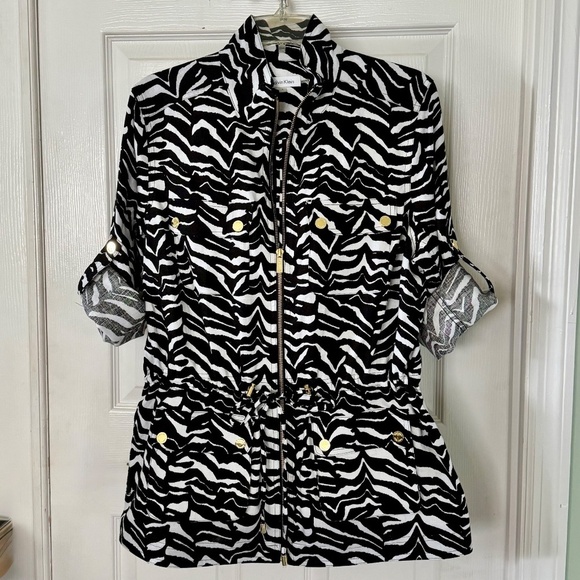 Calvin Klein Linen Jacket Zebra Striped Unlined Convertible Sleeves - Picture 2 of 6